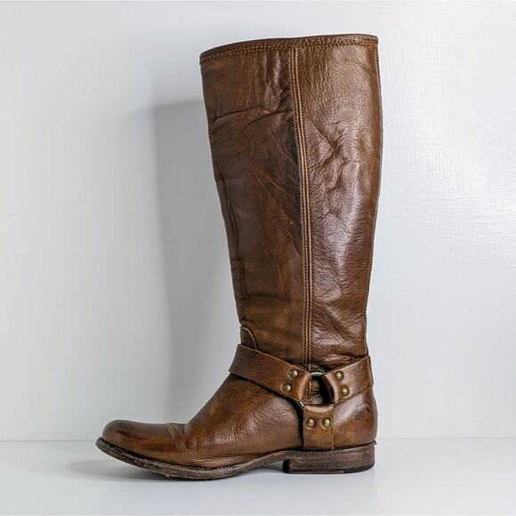 Frye Phillip Harness Brown Leather Tall Boots 7.5 Equestrian Western Boho - Picture 8 of 16